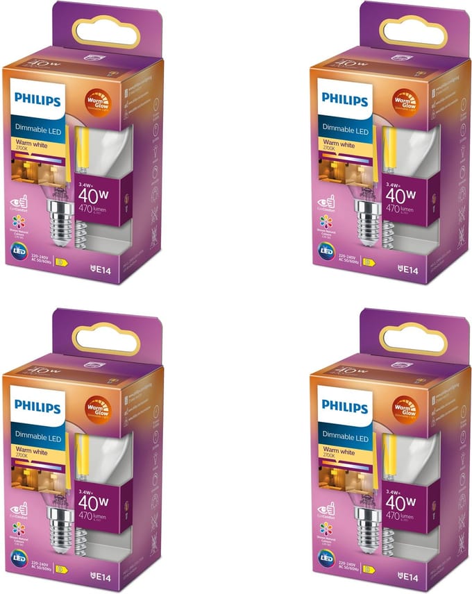 Philips Voordeelverpakking - E14 - LED Kogellamp - Helder - 40W - Dimbaar - Warmwit Licht - Set van 4 Stuks