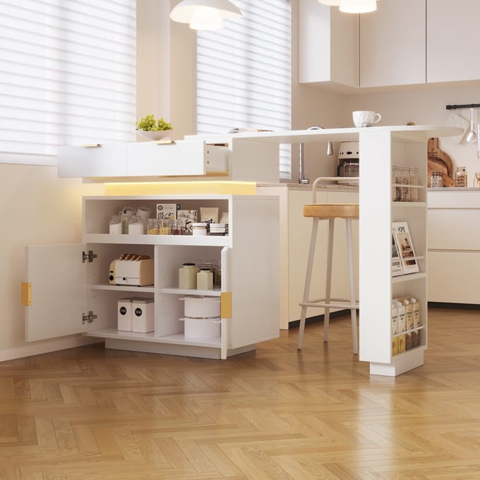REDOM - Uitschuifbare Bartafel Met Opbergruimte En Ledverlichting - Modern - Voor Keuken En Eetkamer - Wit - 115-183 X 40 X 99,5 Cm