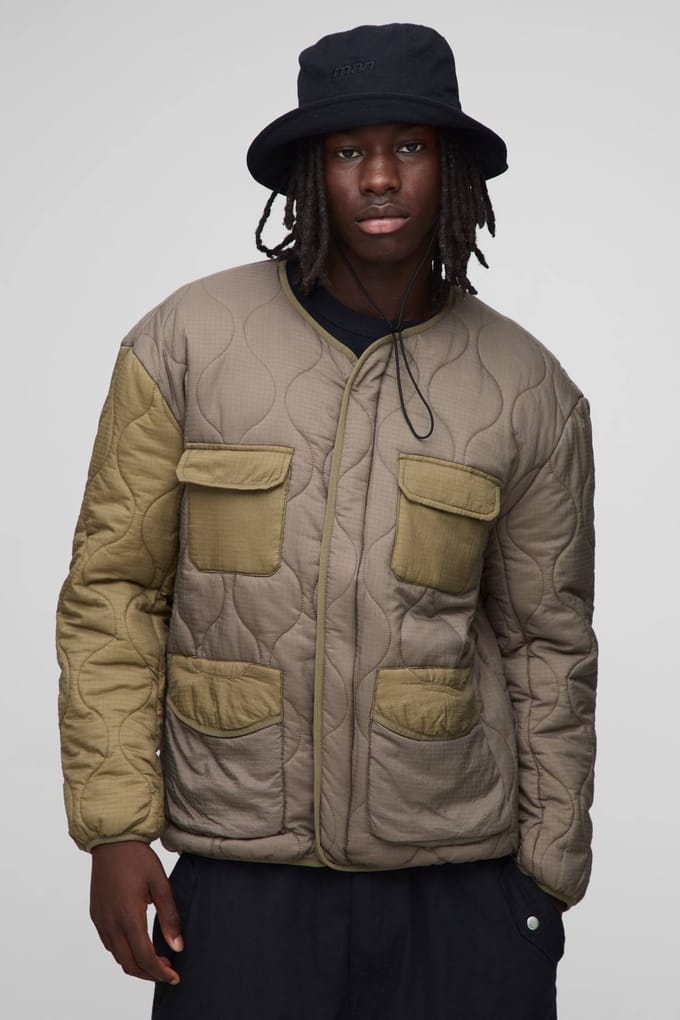 Regular Fit Kraagloze Gewatteerde Ripstop Colour Block Binnenvoering Jas | Olive | Size Medium