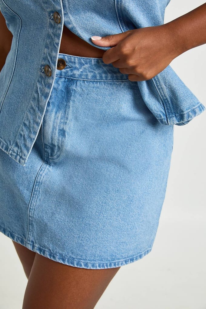 boohoo Dames Plus Denim Hoornknoop Mini Rok | Medium Gebleekt | Maat: 48