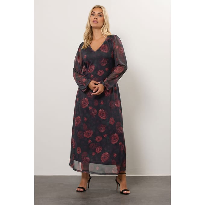 Yours Zwarte Maxijurk Met Bloemenprint Van Mesh Size 42