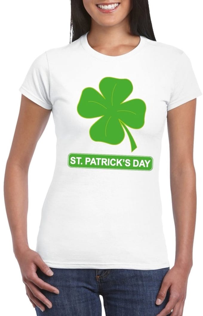 St. Patricksday t-shirt - klavertje vier - wit - voor dames - St Patrick's day kleding M