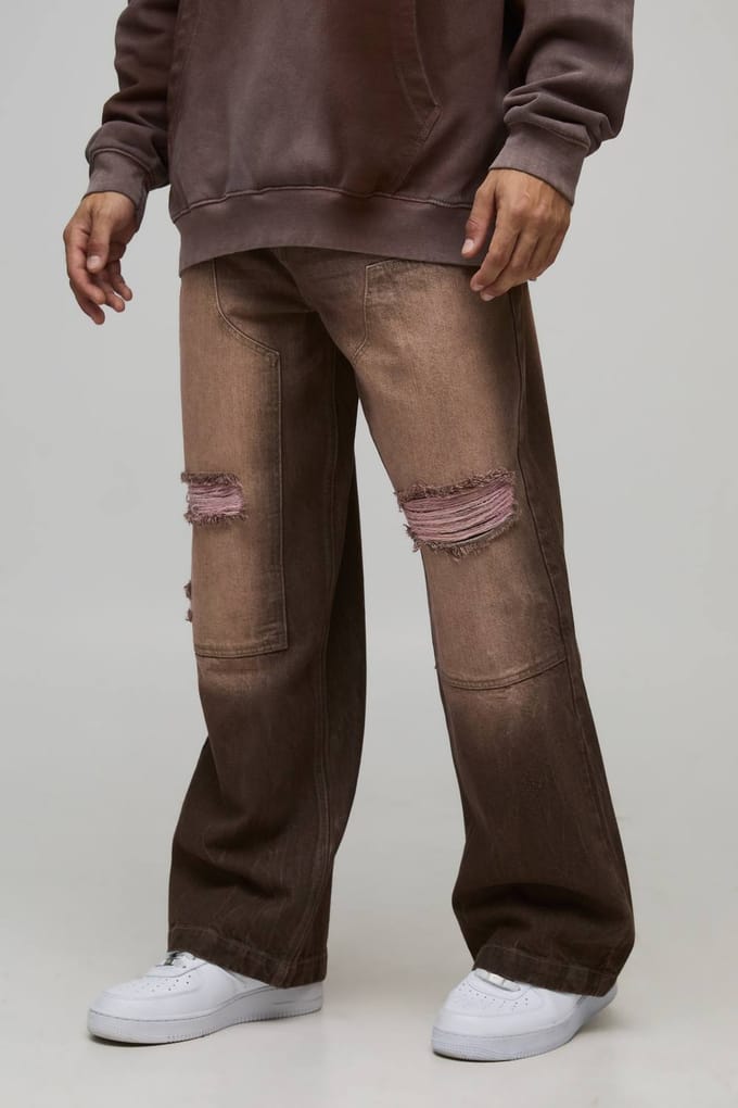 Wijde Pijpen Gewassen Gescheurde Timmerman Stijve Denim Jeans | Brown | Size 28R