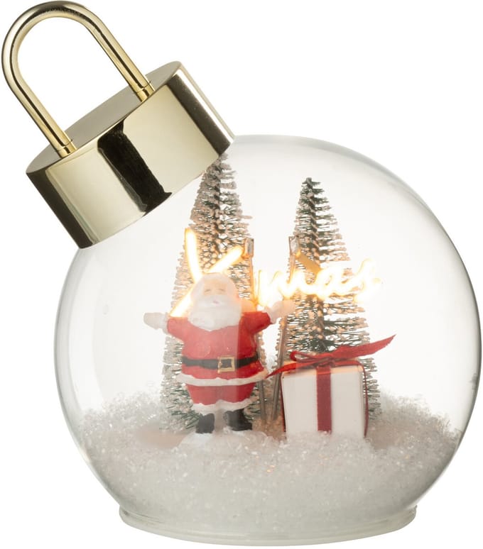 J-Line kerstbal Kerstman - glas - wit/rood - small - LED lichtjes