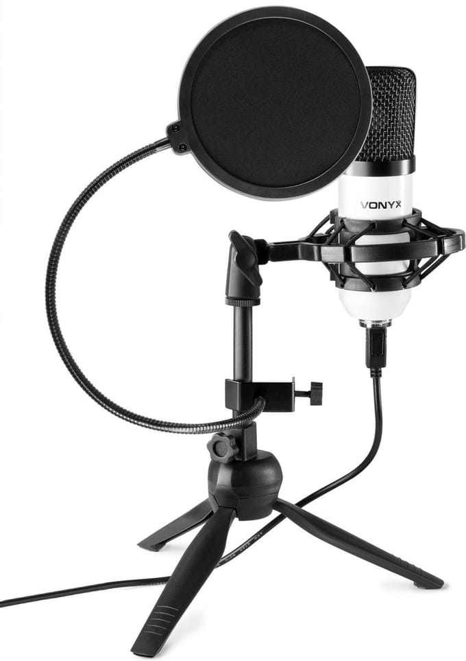 USB microfoon voor pc - Vonyx CM300W - Met tafelstandaard en popfilter - Wit