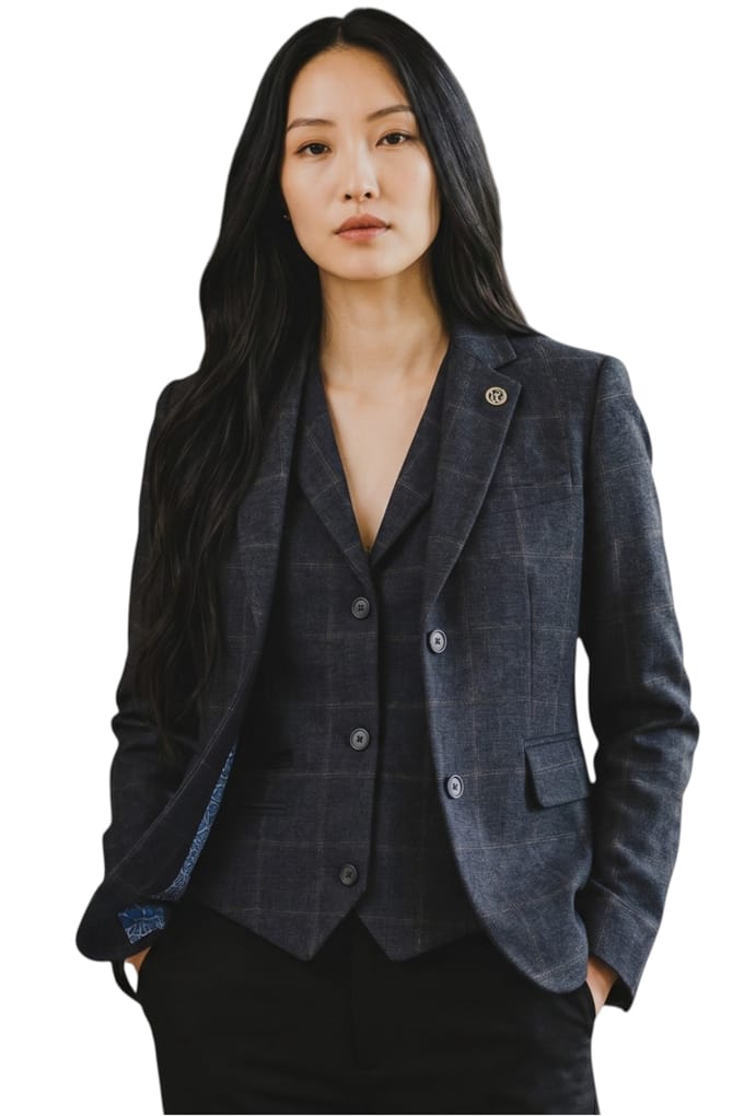 Dames marineblauw 2-delig geruit formele tweed blazer en gilet - TPSTZ-7