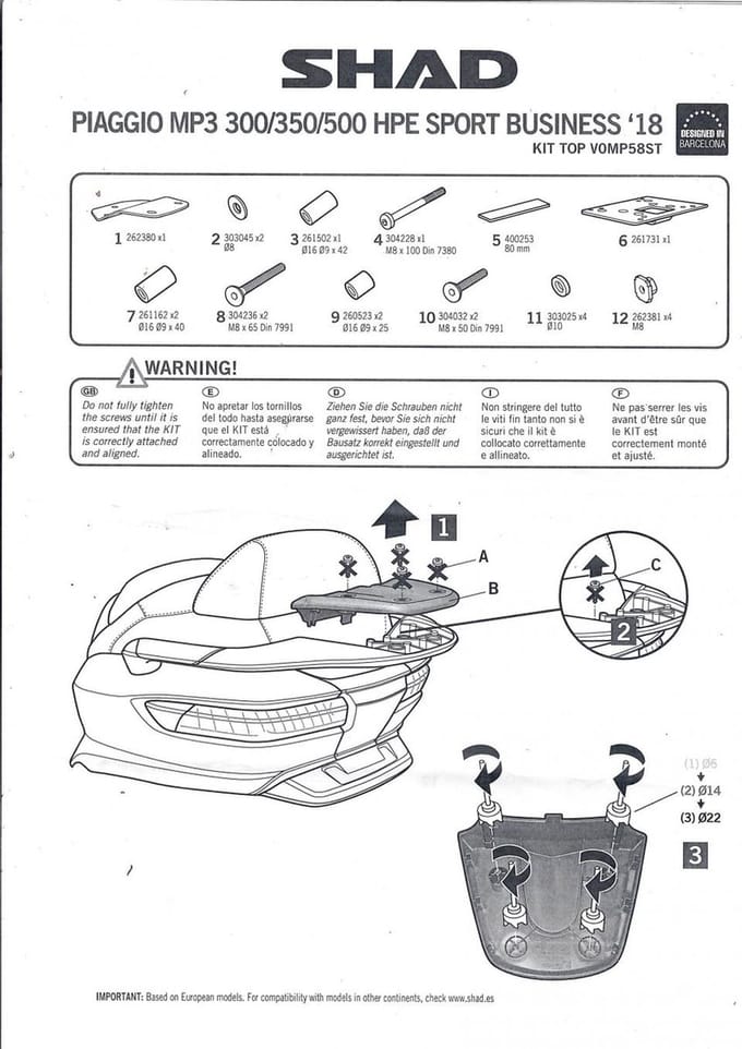 Support de top case Shad pour Scooter Piaggio 300 MP3 HPE 2018 à 2019 Top Master V0MP58ST Neuf