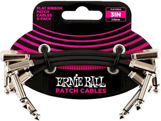 Ernie Ball Flat Ribbon - Patchkabel - Haaks naar Haaks - 7.5cm - Zwart - Metalen Behuizing - Pedalboard - 3-Pack