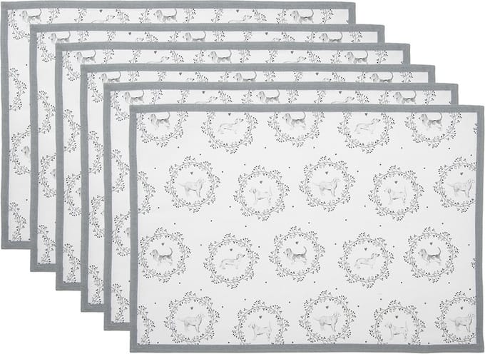 Clayre & Eef Placemats Set van 6 48x33 cm Wit Grijs Katoen Hond