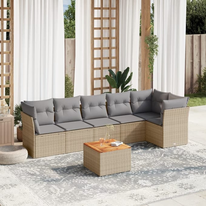 vidaXL - 7-delige - Loungeset - met - kussens - poly - rattan - beige