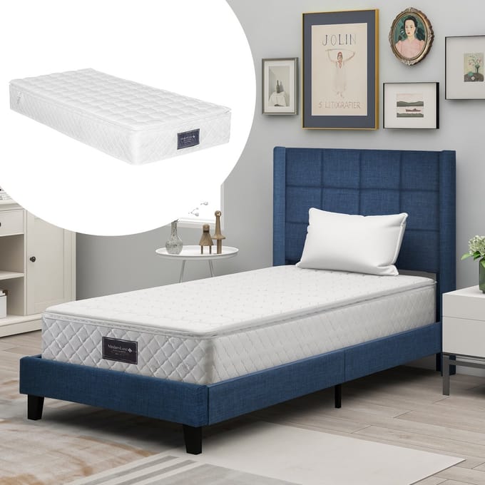 MODFU Bedframe 90x200 cm van linnen, gestoffeerd met hoog hoofdbord, blauw