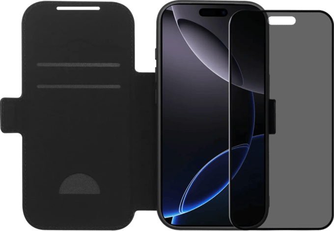 BlueBuilt Apple iPhone 17 Pro Book Case Leer Zwart + BlueBuilt iPhone 17 Pro Privacy Screenprotector Glas