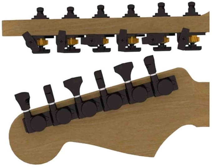 Hipshot HS6K1GL0BST Gitaar tuner upgrade kit, 6 inline Grip-Lock, open zwart staggered