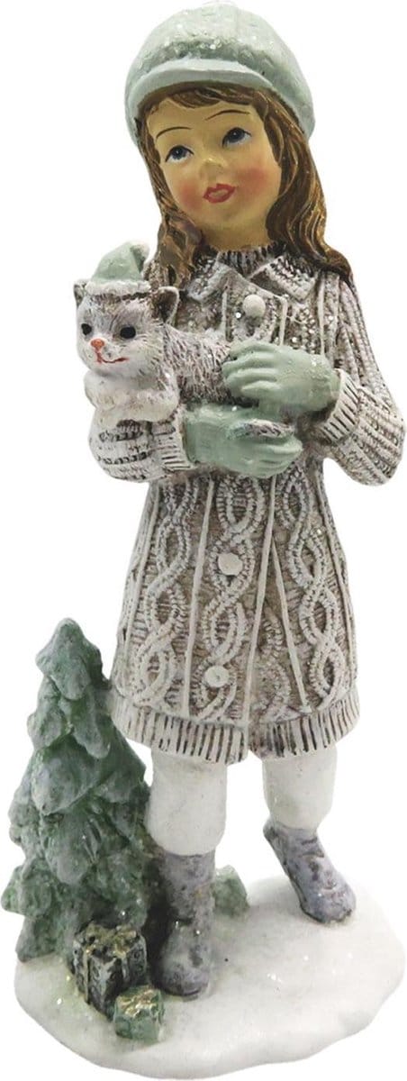 Decoratie kind met kat | 7*5*14 cm | Grijs | Kunststof | Kind | Clayre & Eef | 6PR2778