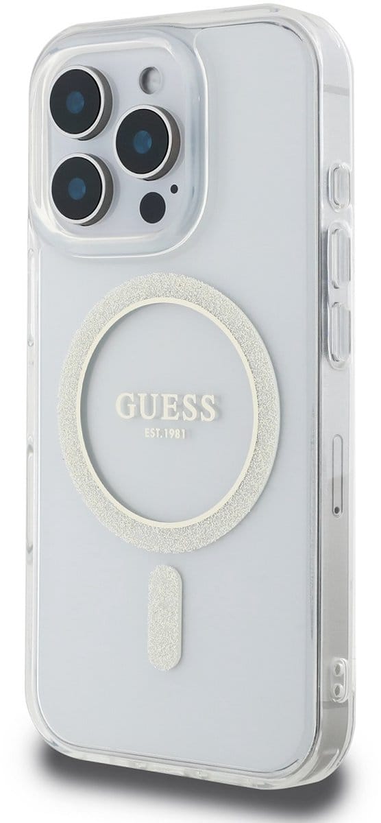 GUESS, Magsafe hoesje Geschikt voor Apple iPhone 16 Pro Max met glittercirkel, Transparant