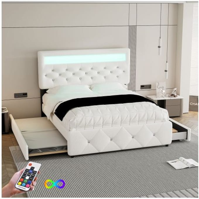 Gestoffeerd bed - MUVOE - 140x200 cm - Wit - 2 lades - Elegant design wit