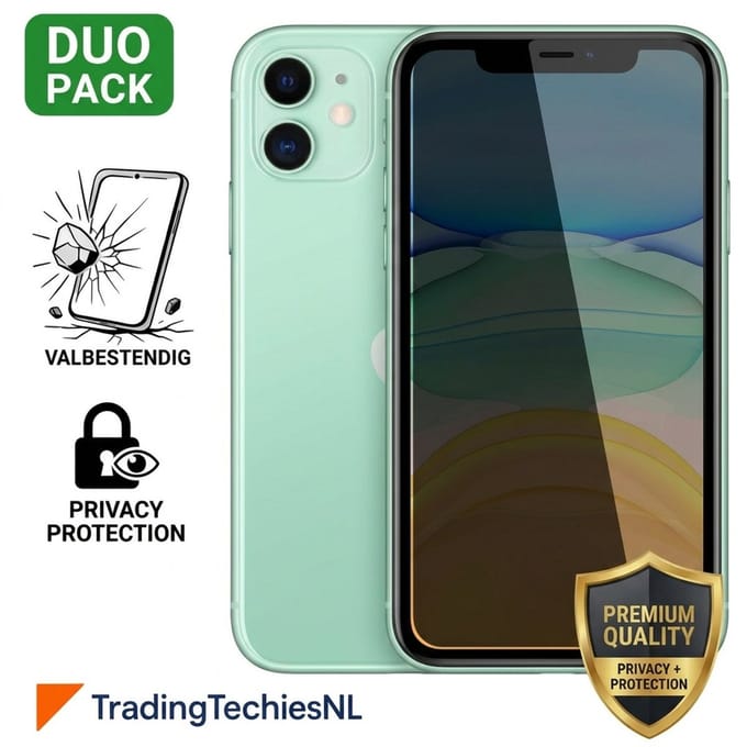 Privacy Screenprotector iPhone 11 – 2 Stuks Duo Pack – Anti-Spy Beschermglas, 9H Gehard Glas, Anti-shock, Krasbestendig, Case-Friendly