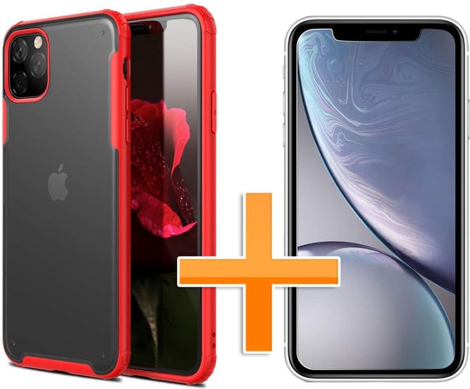 HB Hoesje Geschikt voor Apple iPhone 11 Pro Max - Multi Protective Armor + Tempered Glass - Rood