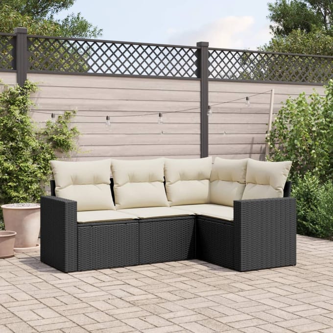vidaXL - 4-delige - Loungeset - met - kussens - poly - rattan - zwart