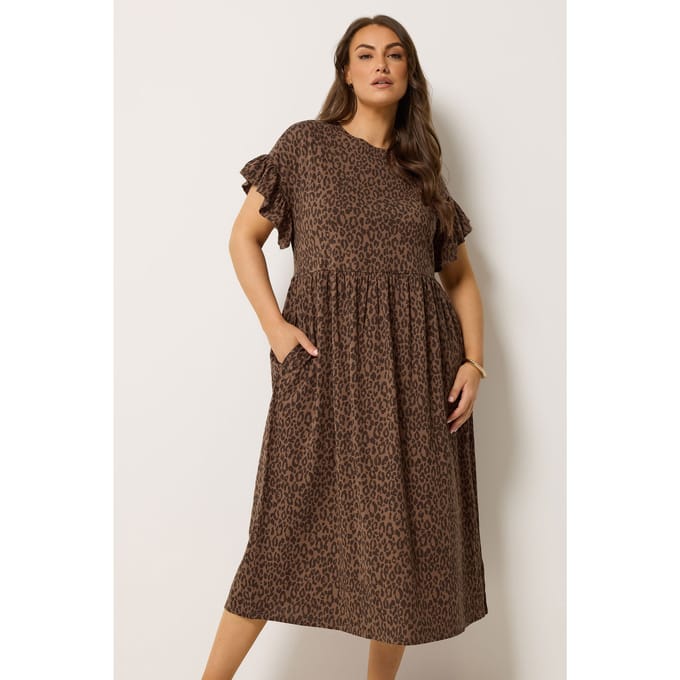 Yours Bruine Midaxijurk Met Luipaardprint Size 42