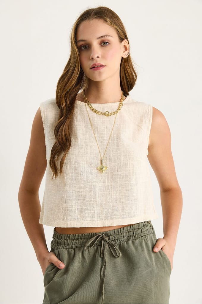Linnenmix Korte Crew Neck Blouse