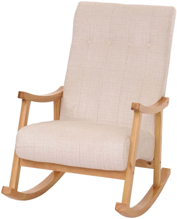 Schommelstoel MCW-K10, relaxfauteuil, hout MVG stof/textiel chenille (465g/m²) ~ crème, frame naturel