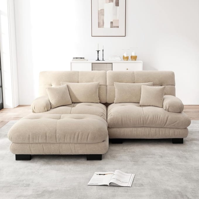 Dolamaní Sofa 2-3 Seater, Couch Sofa Chenille Fabric for Living Room, Home, Office, Easy Assembly (Light Brown, B-(2 Seater + 1 Stool))