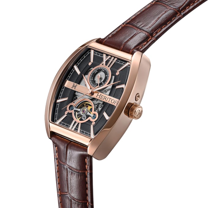 Heritor Automatic Masterson Semi-Skelet leren band horloge - Roségoud/bruin