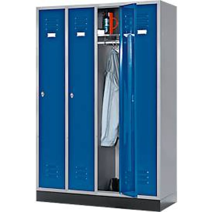 Kledinglocker, 4 compartimenten, fitting, draaigrendelslot, 84 kg blauw/lichtzilver
