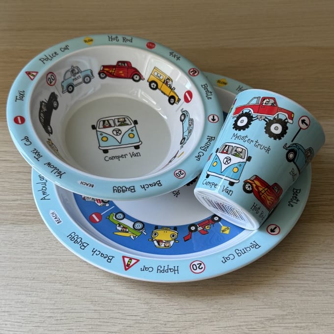 Auto's kinder servies set melamine (bord + kom + bekertje) - Tyrrell Katz
