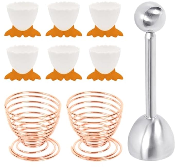 DHSBGWSX 6 eierdopjes, 2 eierplanken, 1 eieropener, cartoon-eierdopjes voor kinderen, eierhouders van roestvrij staal, eierdopjes, nieuwe eierdopjes