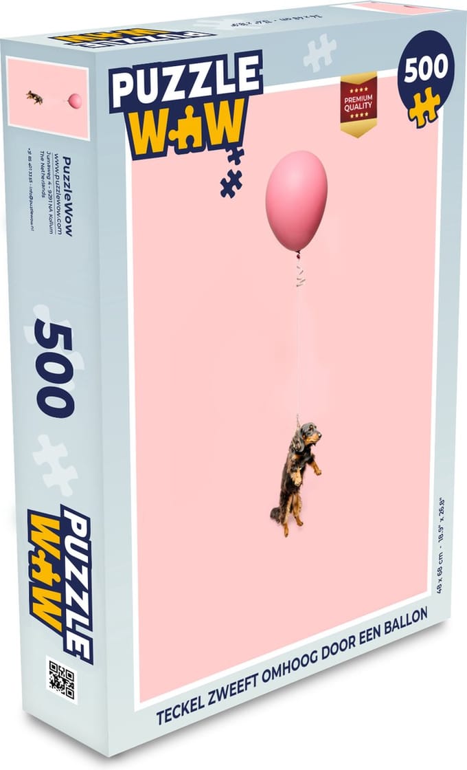 Puzzel Teckel zweeft omhoog door een ballon - Legpuzzel - Puzzel 500 stukjes
