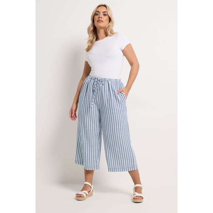 Yours Blauwe Gestreepte Cropped Linnen Broek Size 42