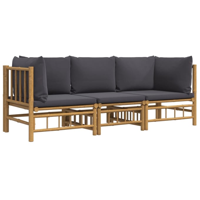 vidaXL - 3-delige - Loungeset - met - kussens - bamboe - donkergrijs