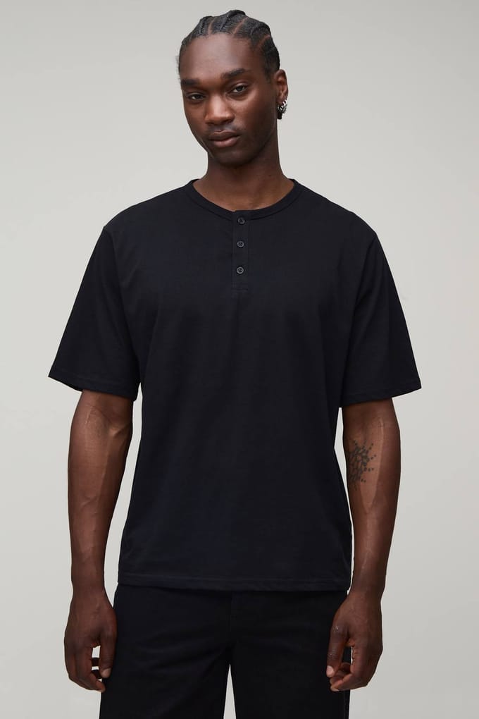 Lang Essentieel Relaxed Fit Henley T-shirt | Black | Size Small