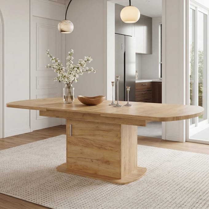 Uitschuifbare Ovale Eettafel - Eettafel Met Opbergruimte - Multifunctionele Houten Eettafel - Moderne Minimalistische Keukentafel - Eikenkleur