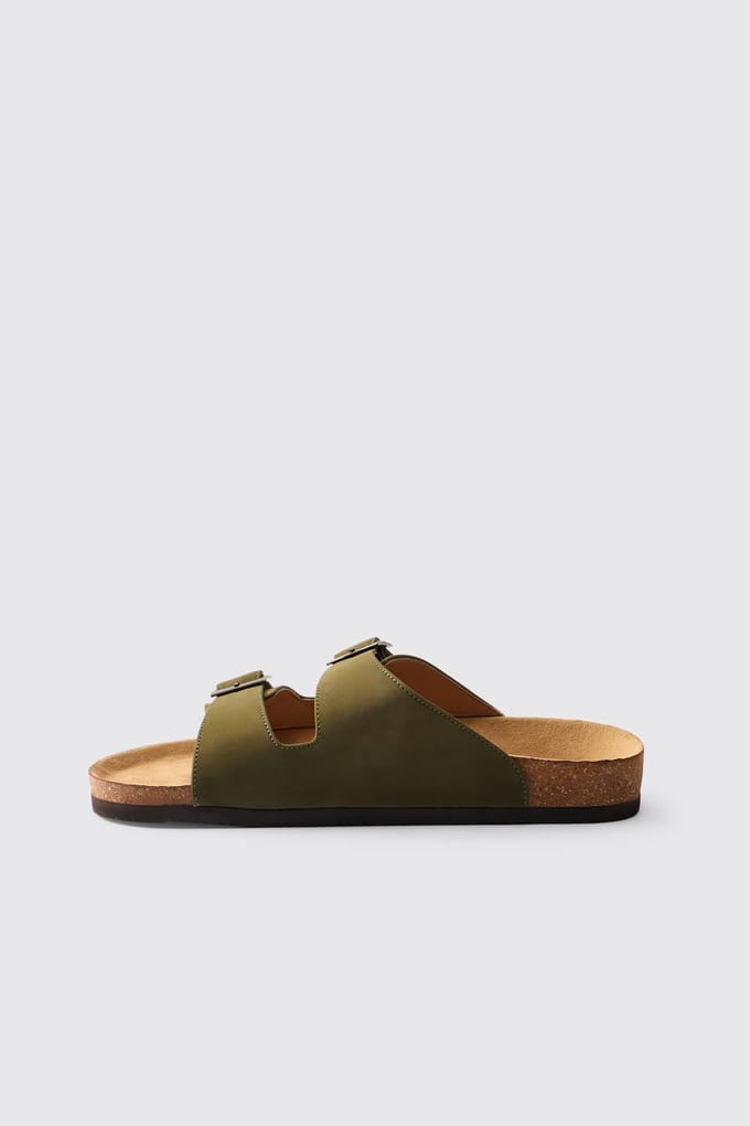 Sandaal Met Dubbele Bandjes Van Imitatiesuède | Olive | Size 44