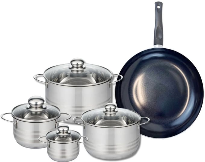 Set van 1 Koekenpan 32 cm en 4 kookpotten 12, 16, 20 en 24 cm Elo Prima Glanzend