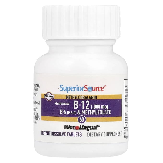 Actieve B-12, methylcobalamine, B-6 (P-5-P) en methylfolaat, Microlingual® snel oplossende tabletten, 60 tabletten