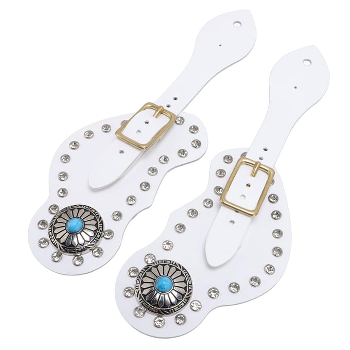 2 Stuks Spoorriem Set Kunstleer Strass Decoraties Verstelbare Spoorhouder voor Cowboys wit