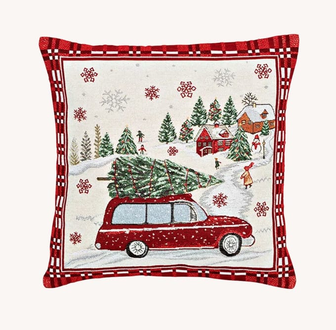 Kussenhoes kerstauto, van textiel, beige/rood (B/H) 45x45cm met rits