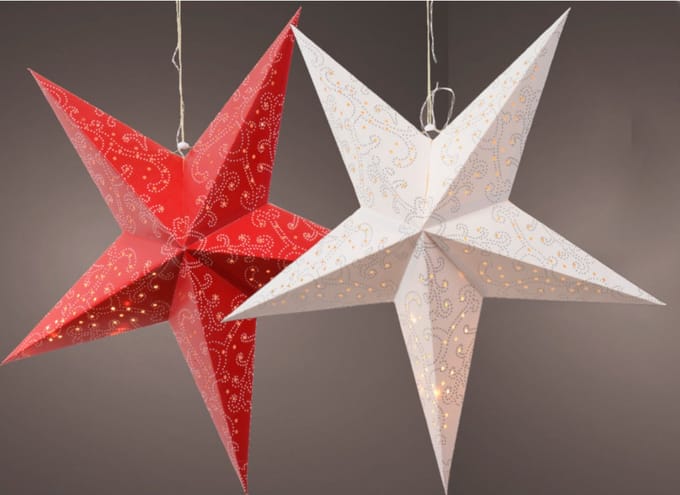 Verlichte kerststerren - 2x st - wit en rood - 60 cm - papier - op batterijen