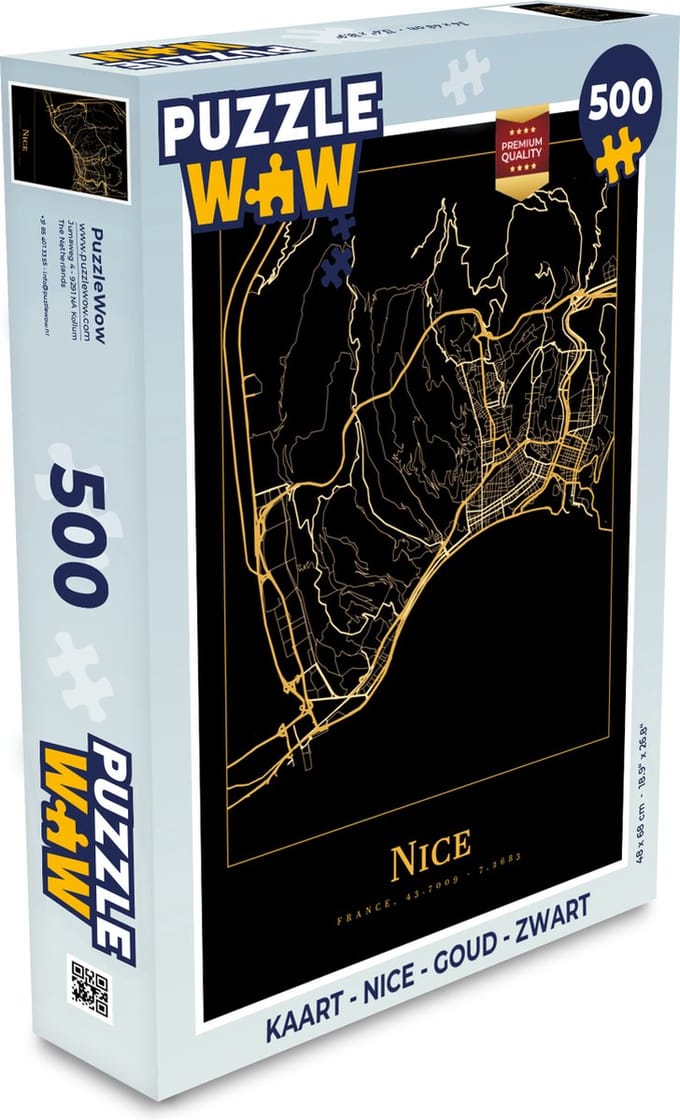 Puzzel Kaart - Nice - Goud - Zwart - Legpuzzel - Puzzel 500 stukjes