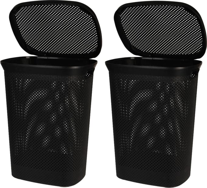 Bathroom Solutions Wasmand - Set van 2x stuks - zwart - 60 liter - 37 x 46 x 60 cm - met deksel