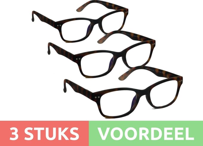 Computer bril - tortoise rechthoekig sterkte +3.0 - 3 stuks - blauw licht filter - blue blocker leesbril
