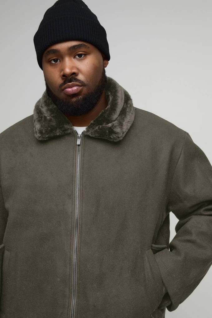 Plus Faux Fur Collar Regular Fit Bomber Jacket | Khaki | Size 2XL