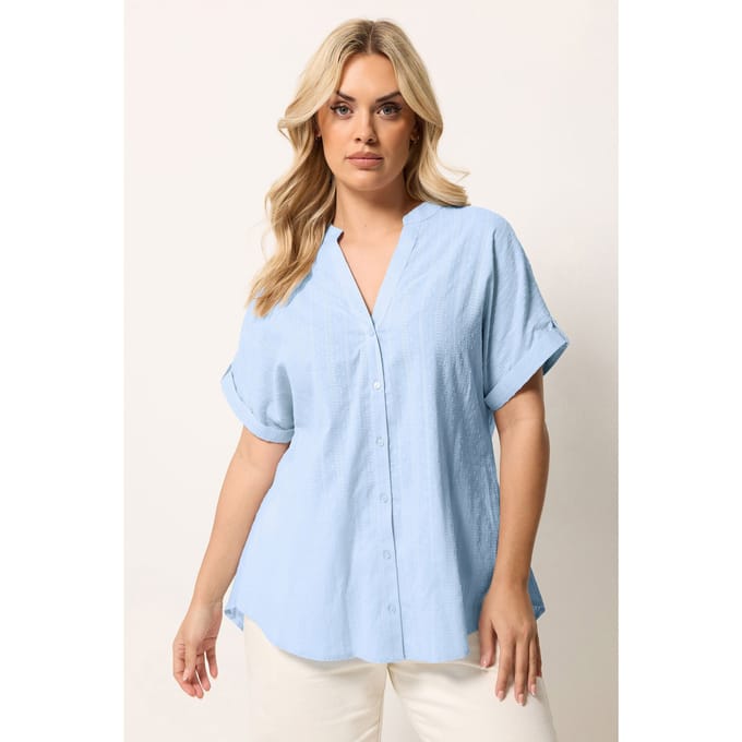 Yours Blauwe Blouse Met Dobbytextuur En Ronde Zoom Size 48