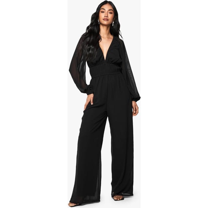 boohoo Dames Chiffon V-hals gerogen wijde pijpen jumpsuit | Black | Maat: 8