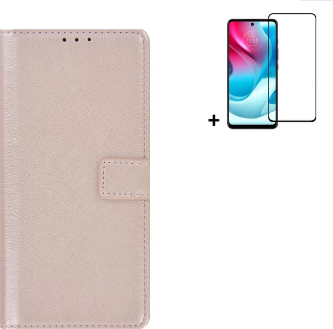 MoDo hoesje Geschikt voor Motorola Moto E32/ E32s - Kunstleer Book Case - Rose goud hoesje met full screenprotector