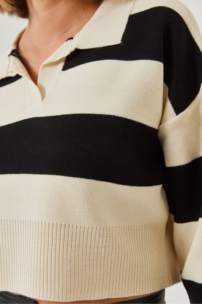 Gestreepte Polo Kraag Ribbelt Crop Trui